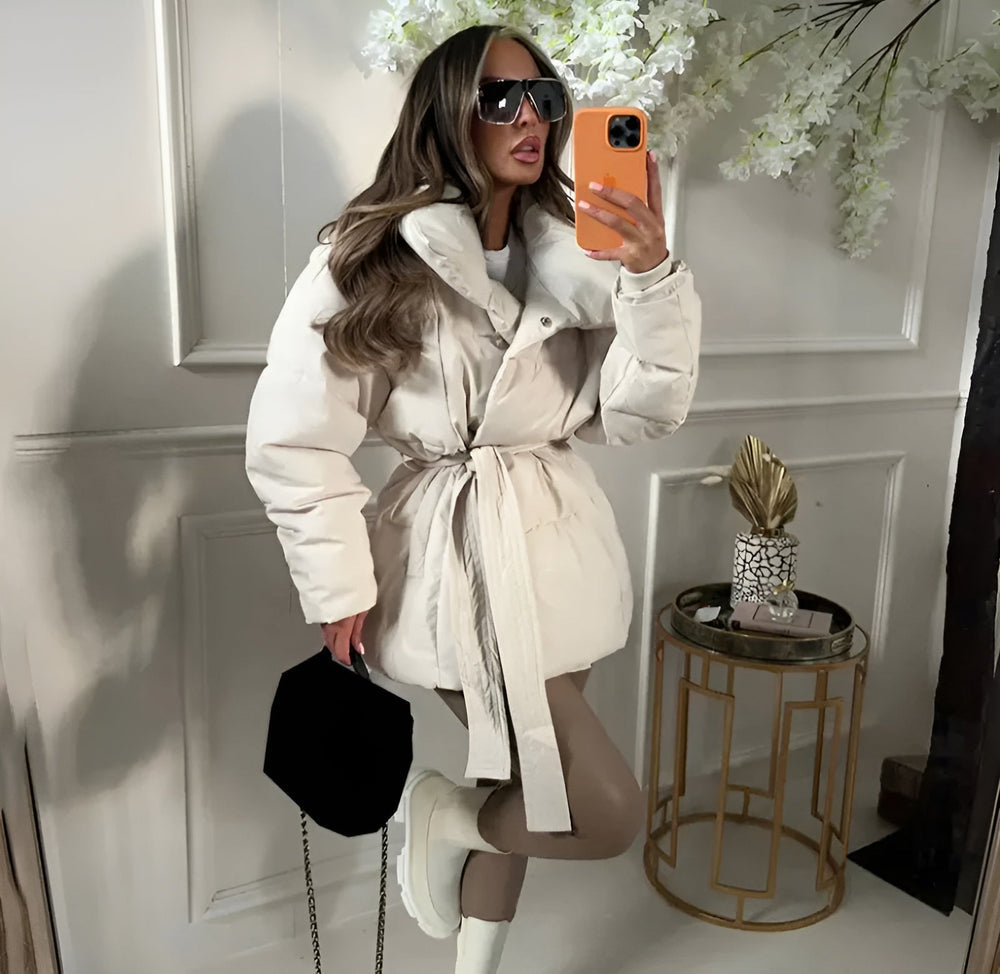 Women’s Short Quilted Puffer Jacket with Tie Waist