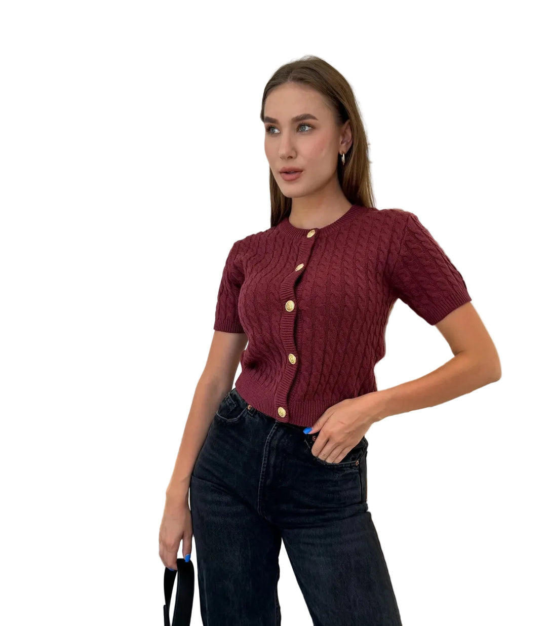 Women’s Short Sleeve Cable Knit Button Front Cardigan