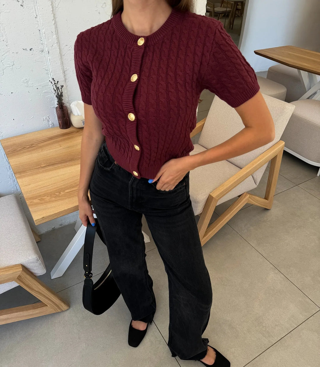 Women’s Short Sleeve Cable Knit Button Front Cardigan
