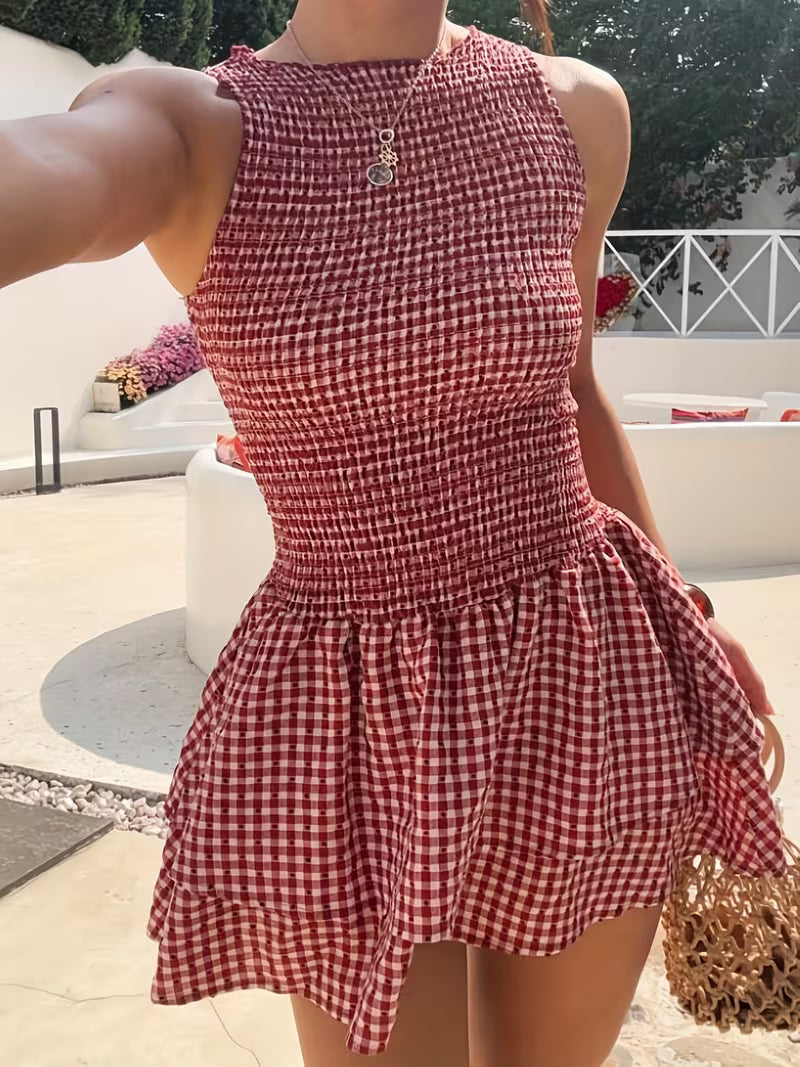 Women’s Sleeveless Check Smocked Mini Dress