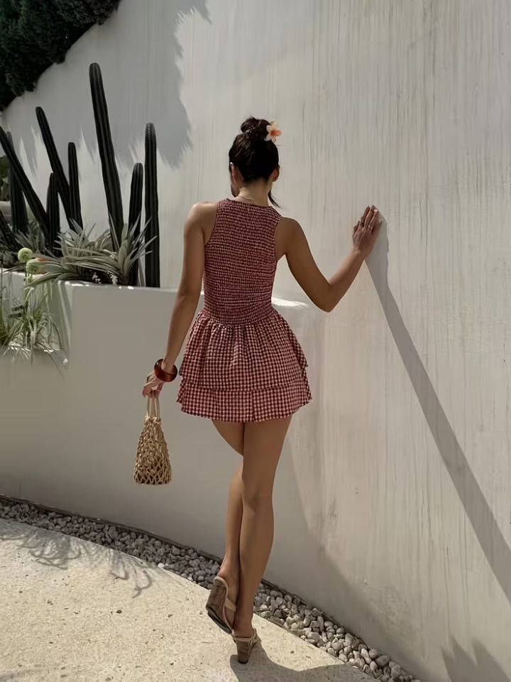 Women’s Sleeveless Check Smocked Mini Dress