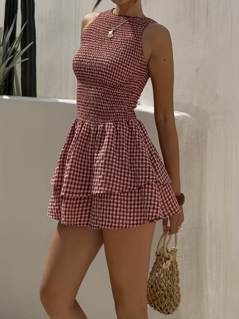 Women’s Sleeveless Check Smocked Mini Dress
