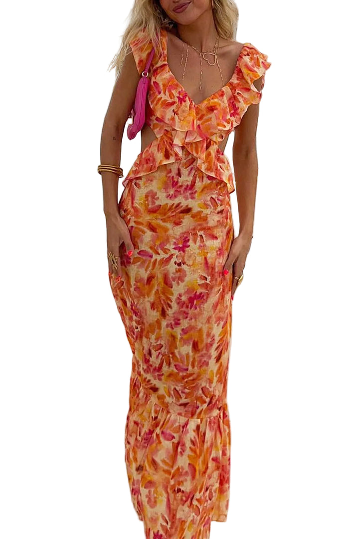Women’s Sleeveless Floral Ruffle Maxi Dress