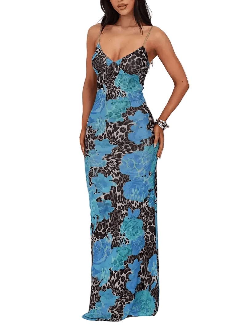 Women’s Sleeveless Maxi Dress with Floral and Animal Print