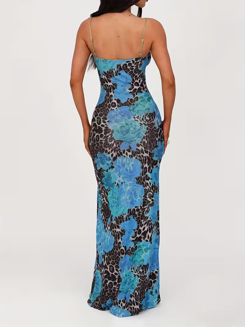 Women’s Sleeveless Maxi Dress with Floral and Animal Print
