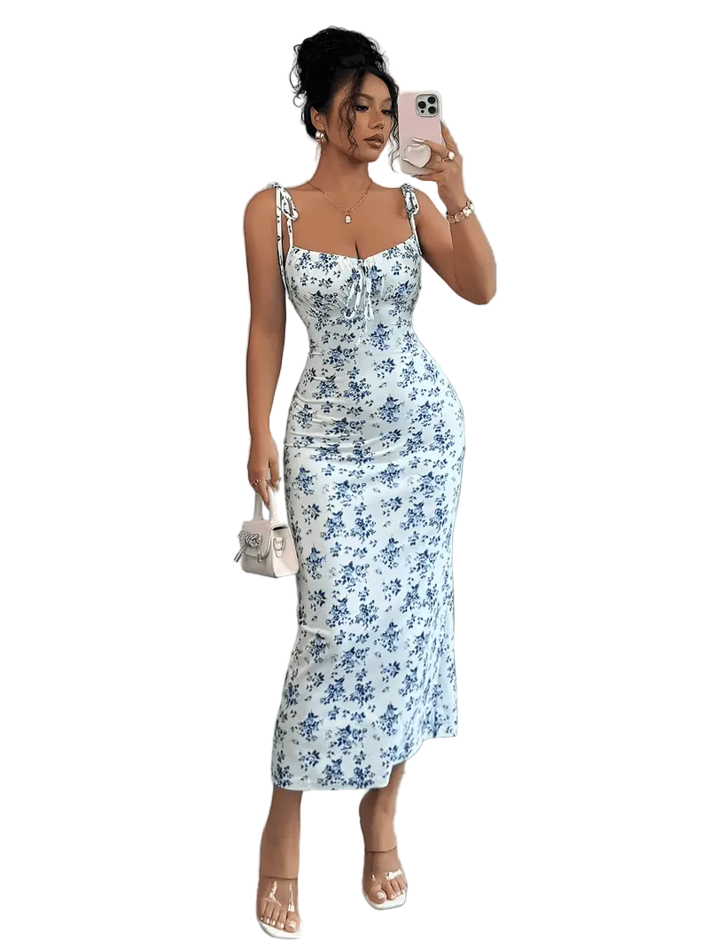 Women’s Sleeveless Midi Dress with Floral Print and Tie Straps