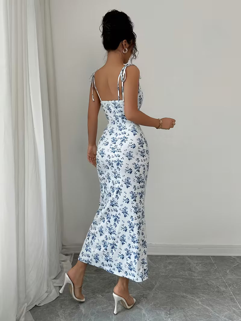 Women’s Sleeveless Midi Dress with Floral Print and Tie Straps