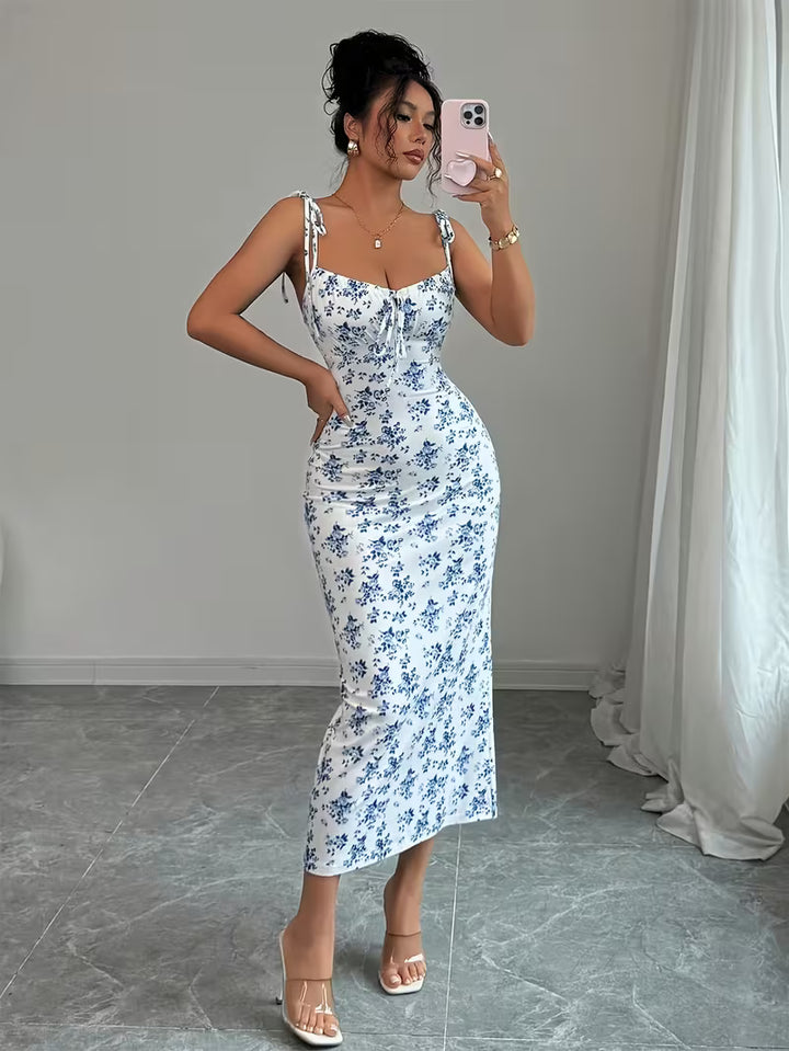 Women’s Sleeveless Midi Dress with Floral Print and Tie Straps