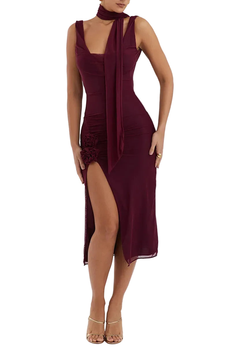 Women’s Sleeveless Midi Dress with Scarf Detail and Side Slit