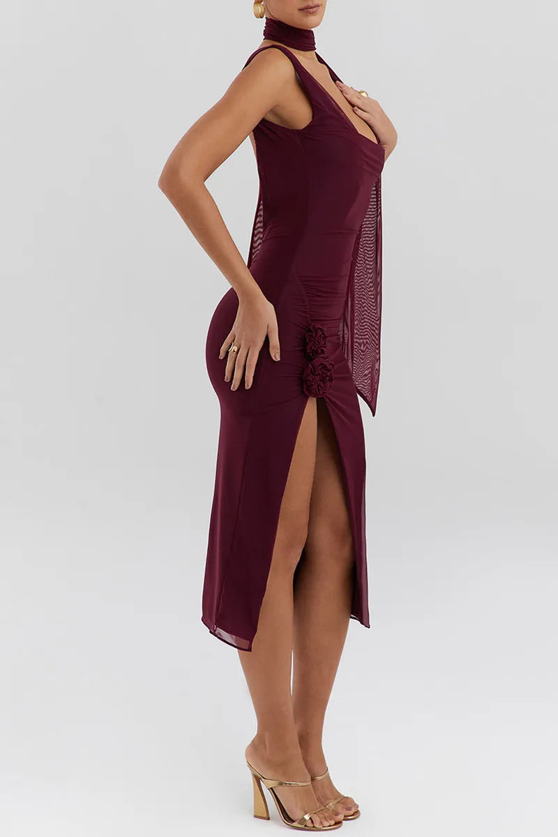 Women’s Sleeveless Midi Dress with Scarf Detail and Side Slit