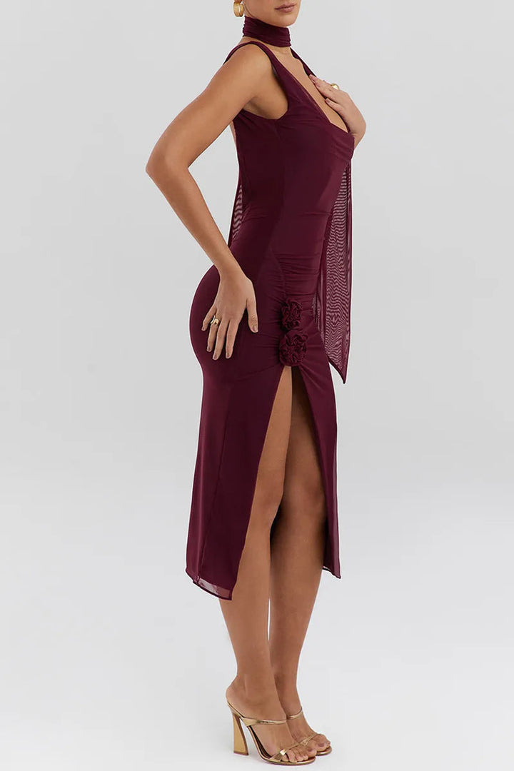 Women’s Sleeveless Midi Dress with Scarf Detail and Side Slit