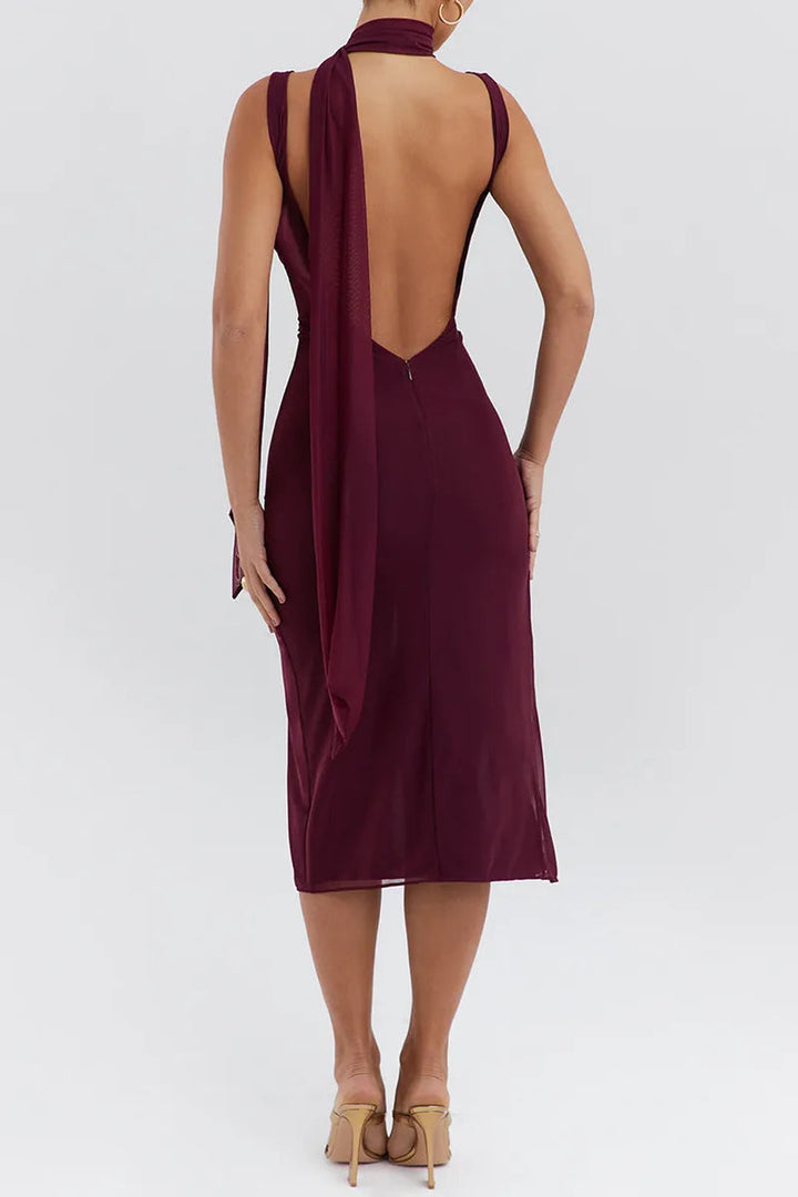Women’s Sleeveless Midi Dress with Scarf Detail and Side Slit