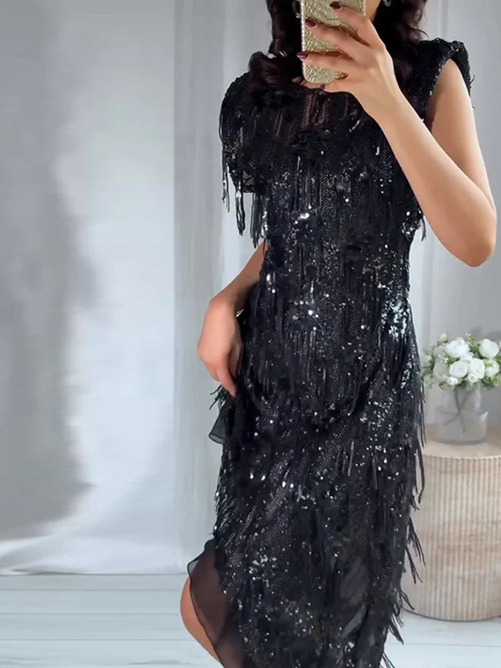 Women’s Sleeveless Mini Dress with Sequin Surface and Asymmetrical Hem