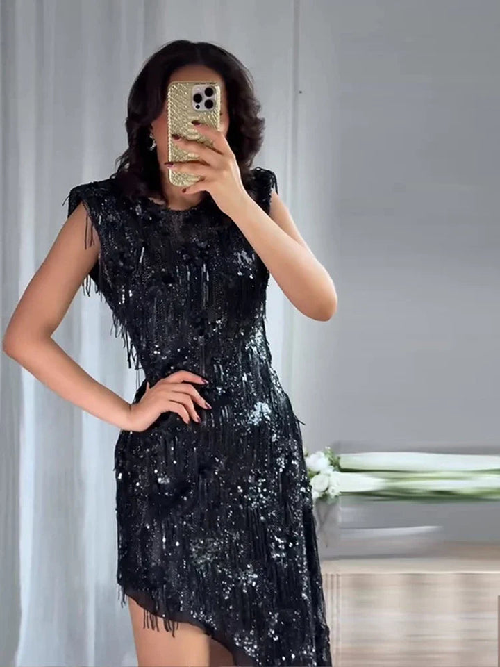 Women’s Sleeveless Mini Dress with Sequin Surface and Asymmetrical Hem