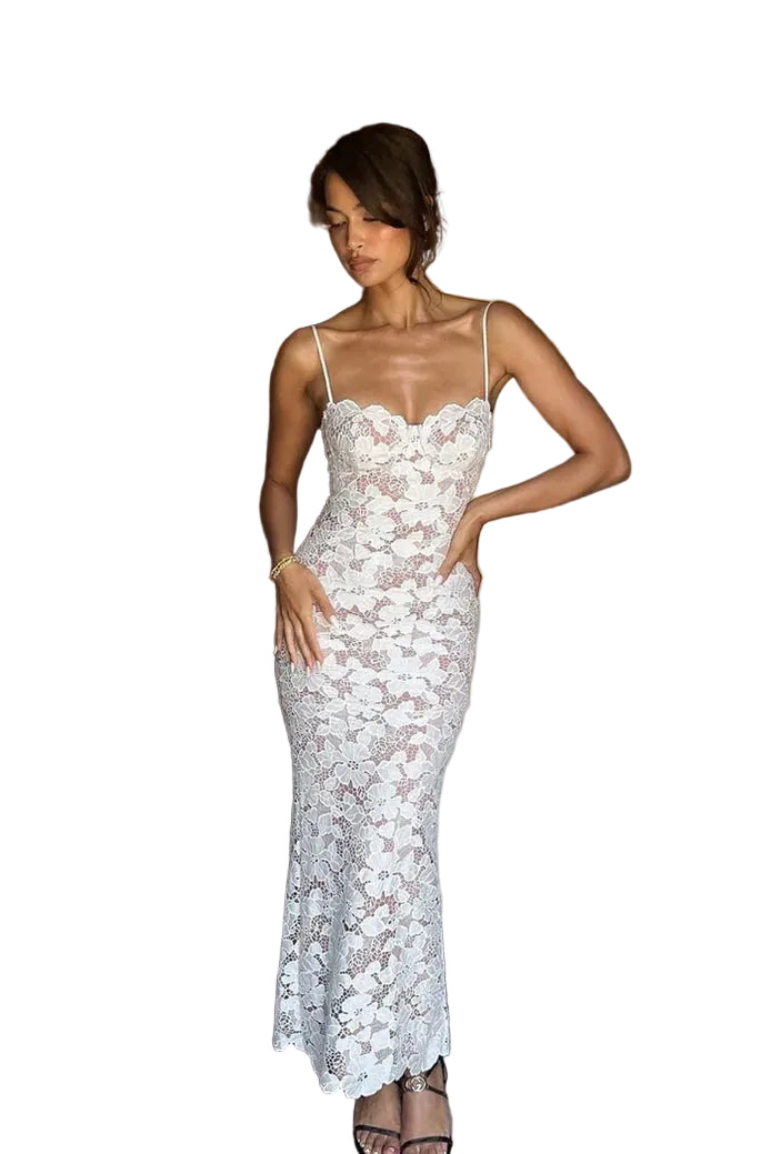 Women’s Spaghetti Strap Lace Maxi Dress with Scalloped Neckline