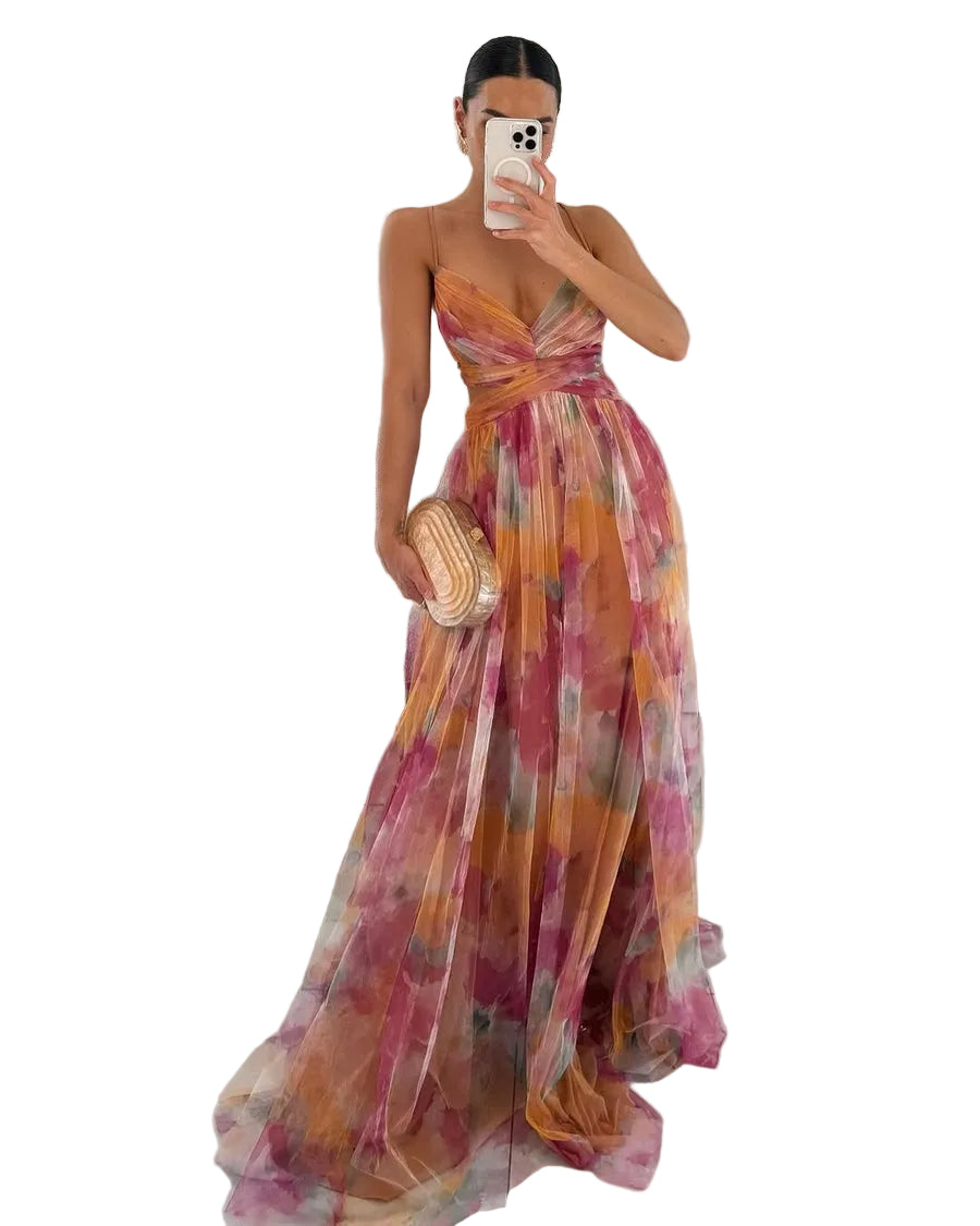 Women’s Spaghetti Strap Printed Maxi Dress with Cross Waist Detail