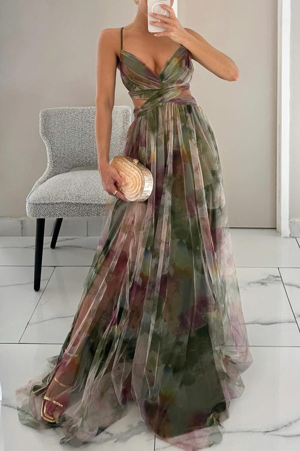 Women’s Spaghetti Strap Printed Maxi Dress with Cross Waist Detail