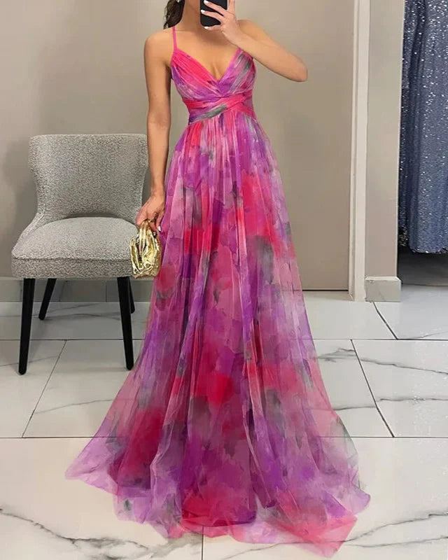 Women’s Spaghetti Strap Printed Maxi Dress with Cross Waist Detail