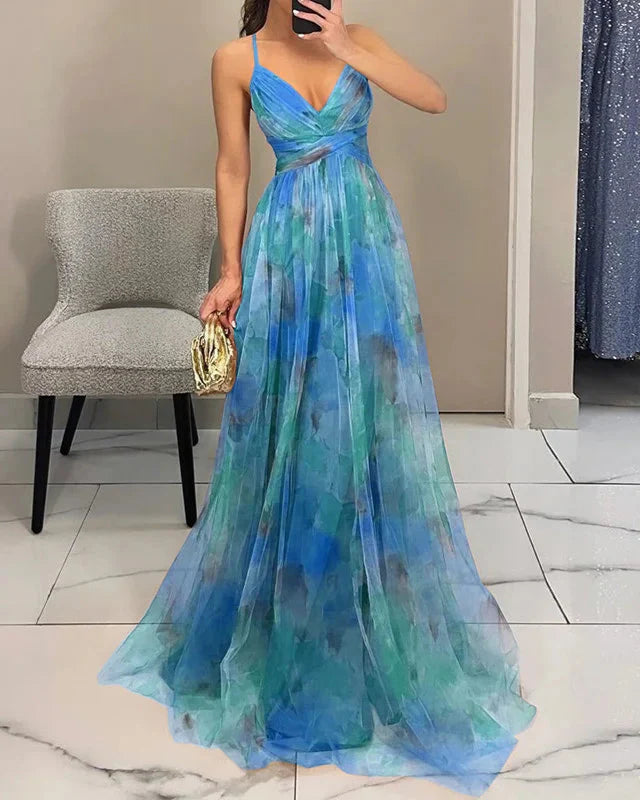 Women’s Spaghetti Strap Printed Maxi Dress with Cross Waist Detail