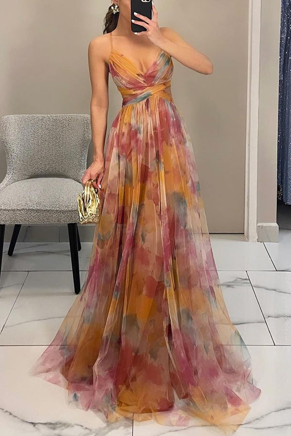 Women’s Spaghetti Strap Printed Maxi Dress with Cross Waist Detail