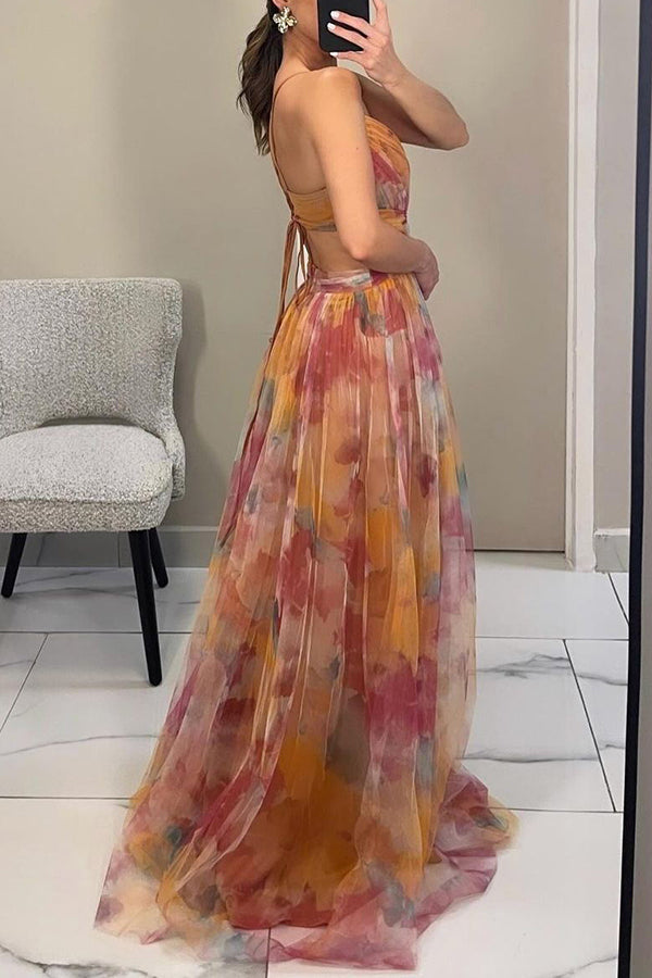 Women’s Spaghetti Strap Printed Maxi Dress with Cross Waist Detail