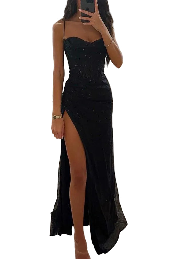 Women’s Spaghetti Strap Sweetheart Neck Maxi Dress with Split