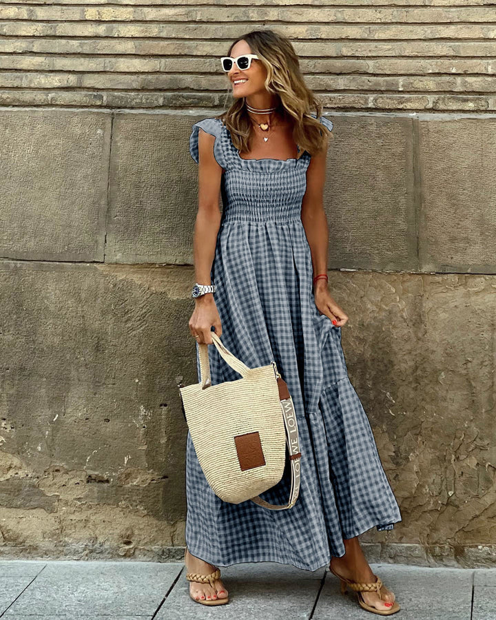 Women’s Square Neck Gingham Maxi Dress with Smocked Bodice