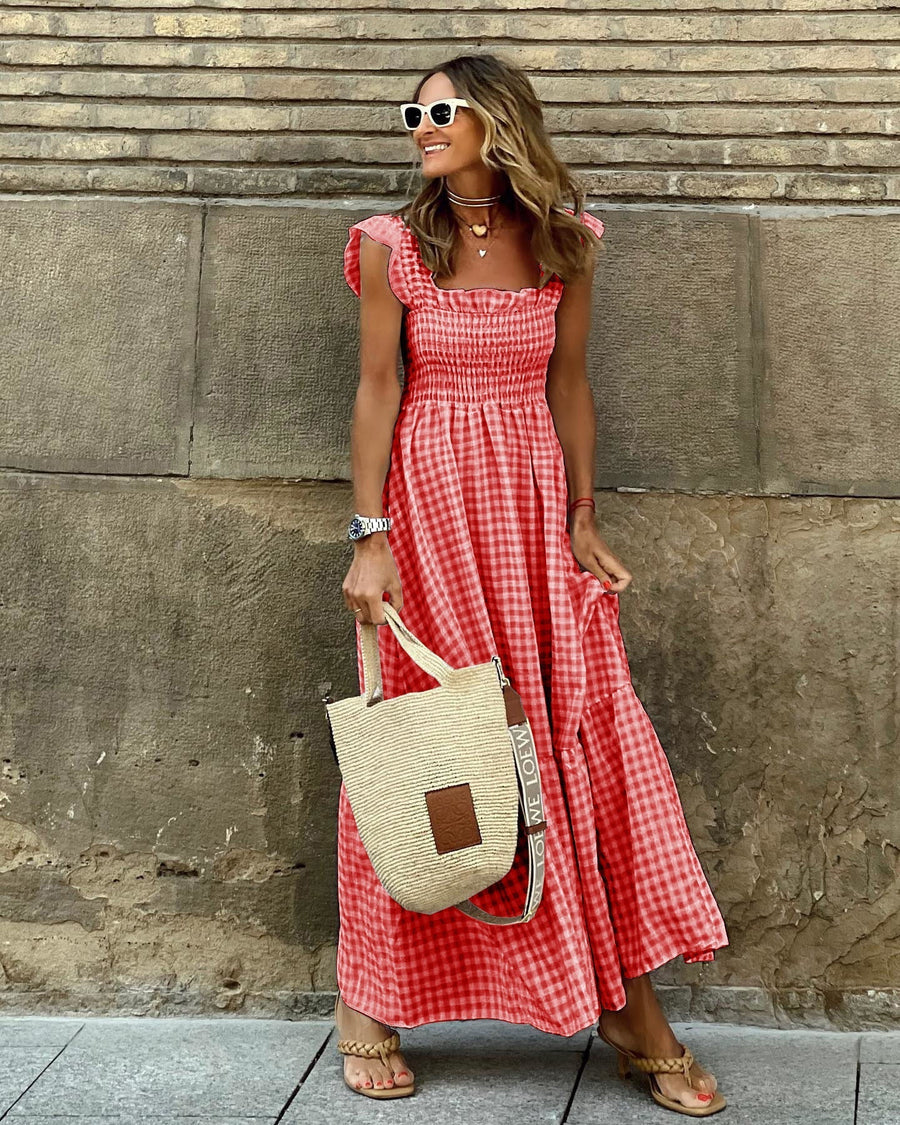 Women’s Square Neck Gingham Maxi Dress with Smocked Bodice