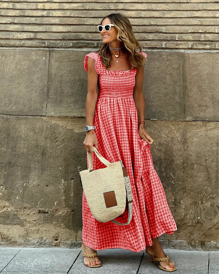 Women’s Square Neck Gingham Maxi Dress with Smocked Bodice