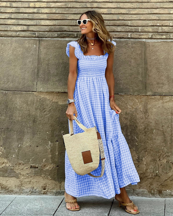 Women’s Square Neck Gingham Maxi Dress with Smocked Bodice
