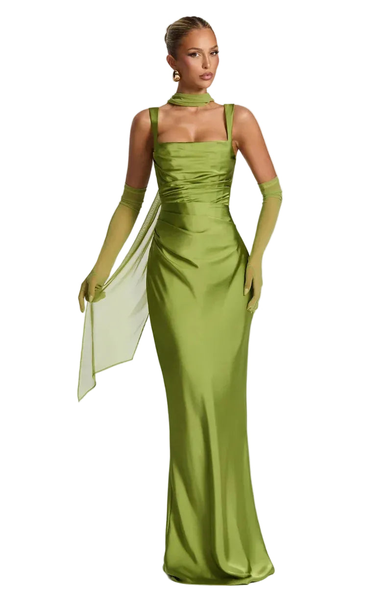 Women’s Square Neck Satin Maxi Dress with Gloves and Scarf