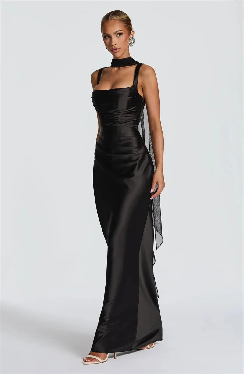 Women’s Square Neck Satin Maxi Dress with Gloves and Scarf