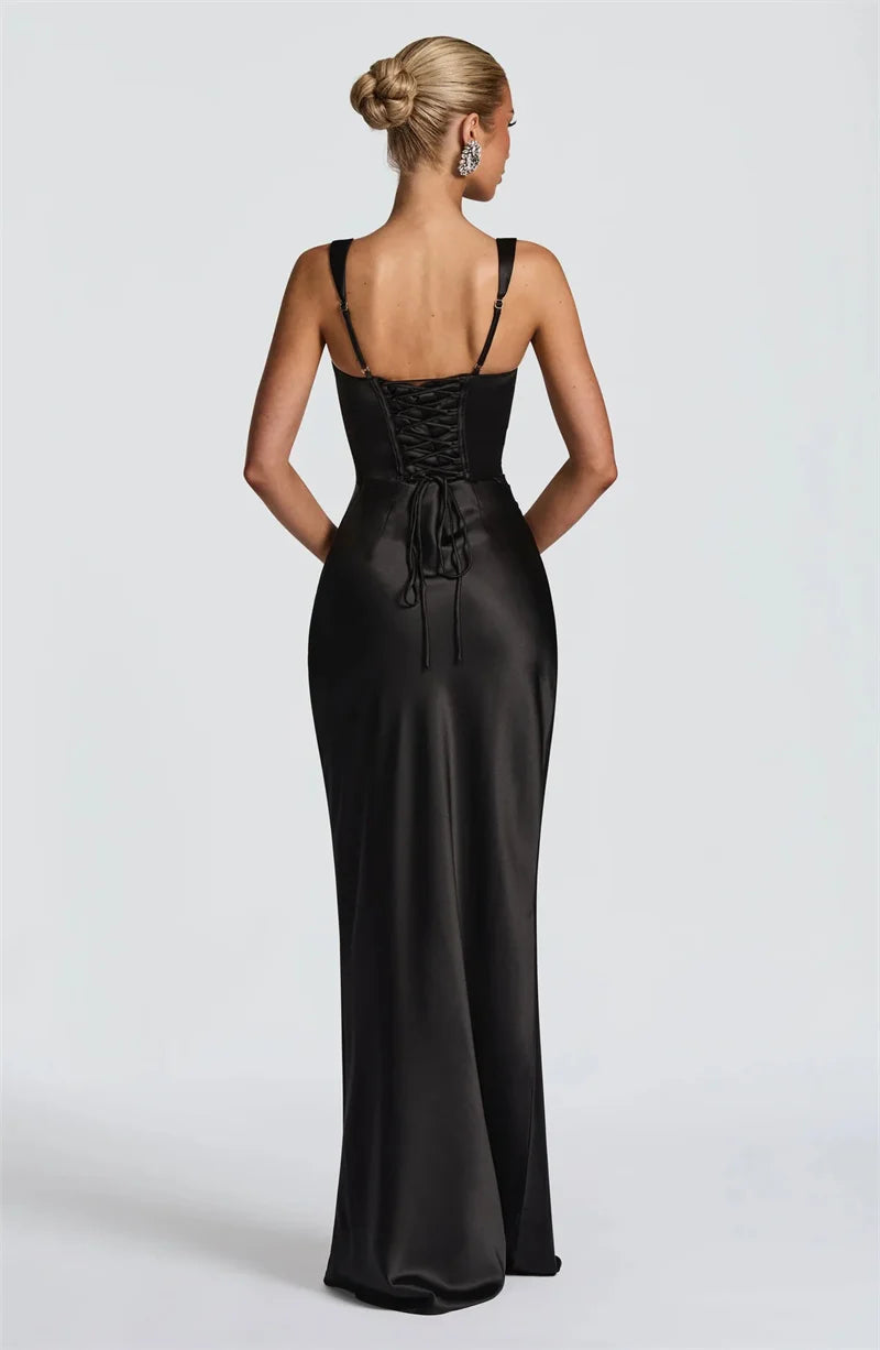 Women’s Square Neck Satin Maxi Dress with Gloves and Scarf