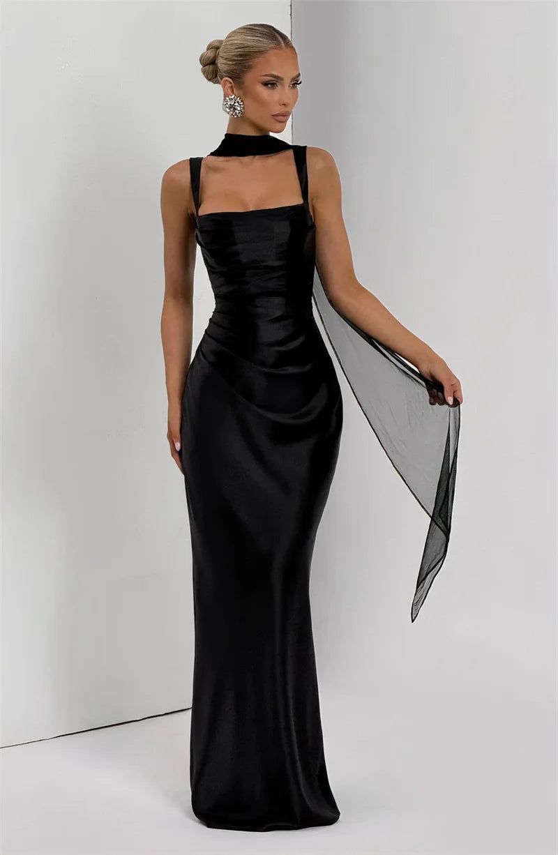 Women’s Square Neck Satin Maxi Dress with Gloves and Scarf
