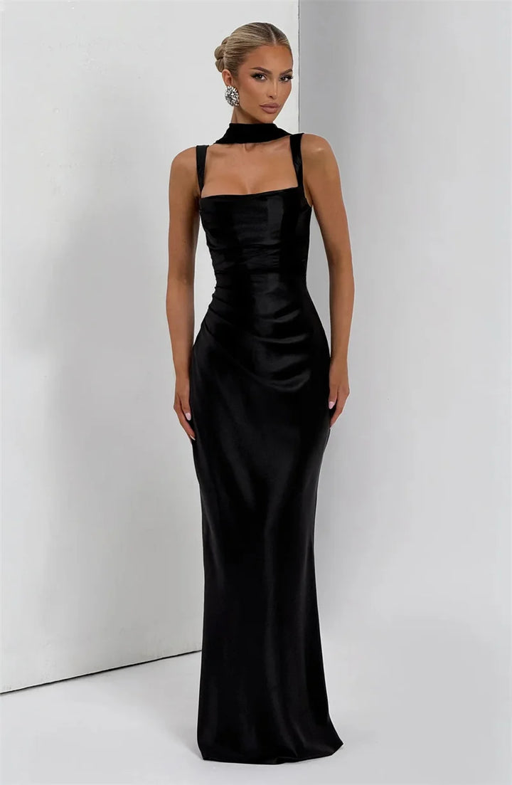 Women’s Square Neck Satin Maxi Dress with Gloves and Scarf