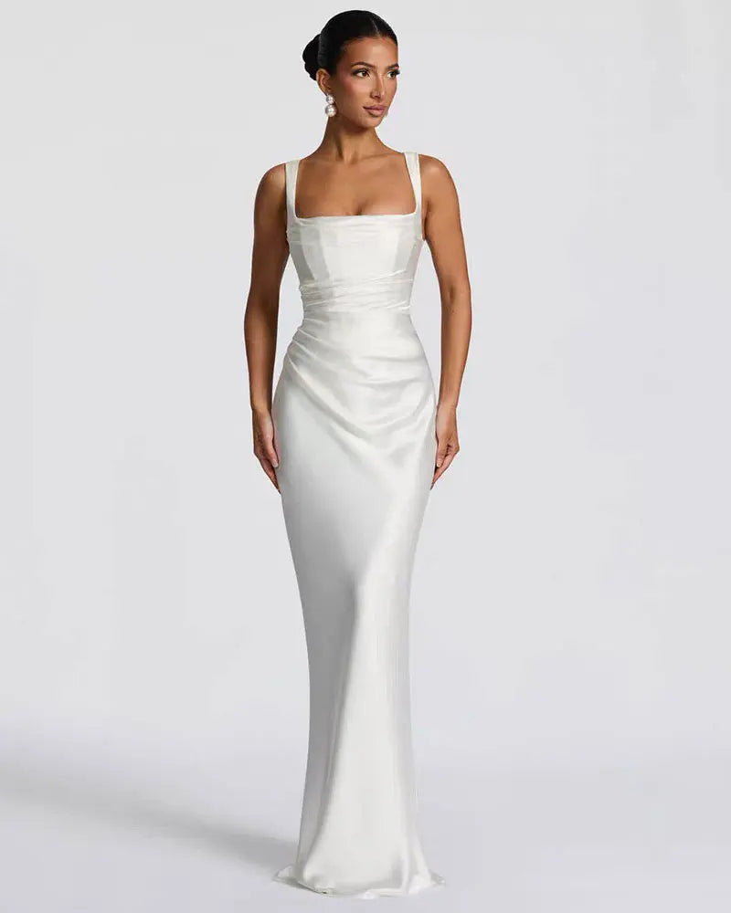 Women’s Square Neck Satin Maxi Dress with Gloves and Scarf