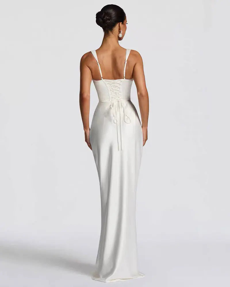Women’s Square Neck Satin Maxi Dress with Gloves and Scarf