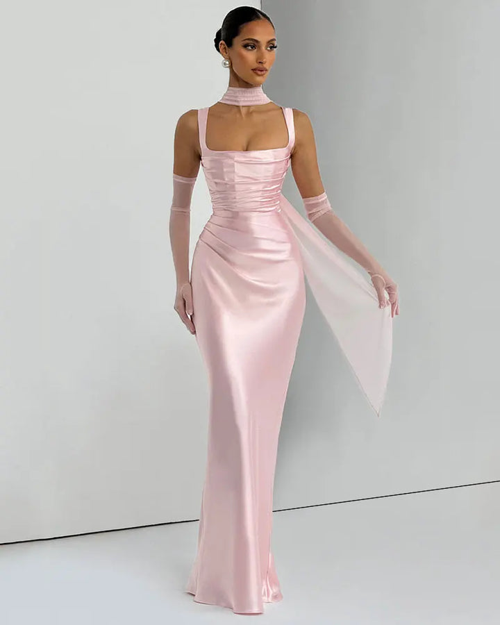Women’s Square Neck Satin Maxi Dress with Gloves and Scarf