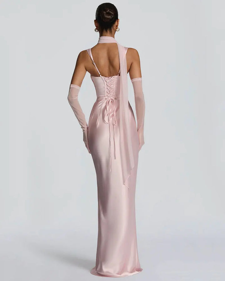 Women’s Square Neck Satin Maxi Dress with Gloves and Scarf