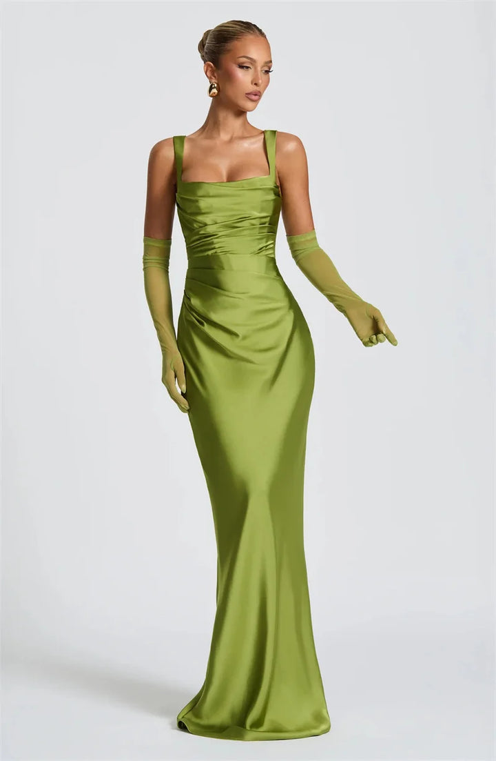 Women’s Square Neck Satin Maxi Dress with Gloves and Scarf