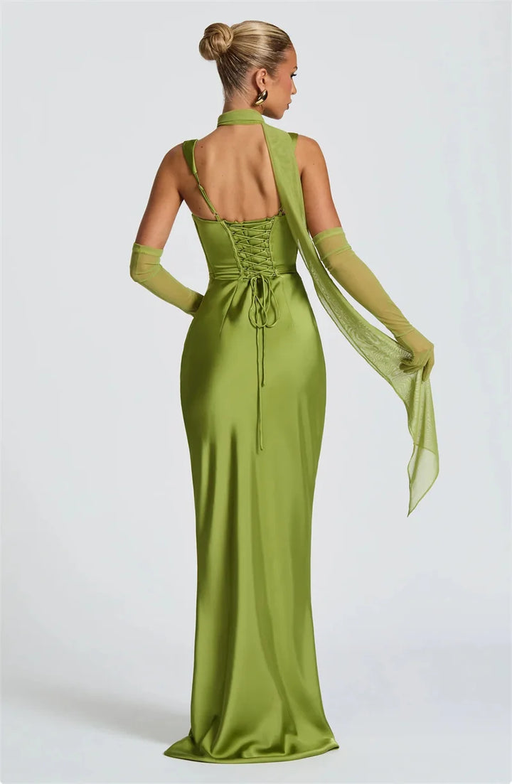Women’s Square Neck Satin Maxi Dress with Gloves and Scarf