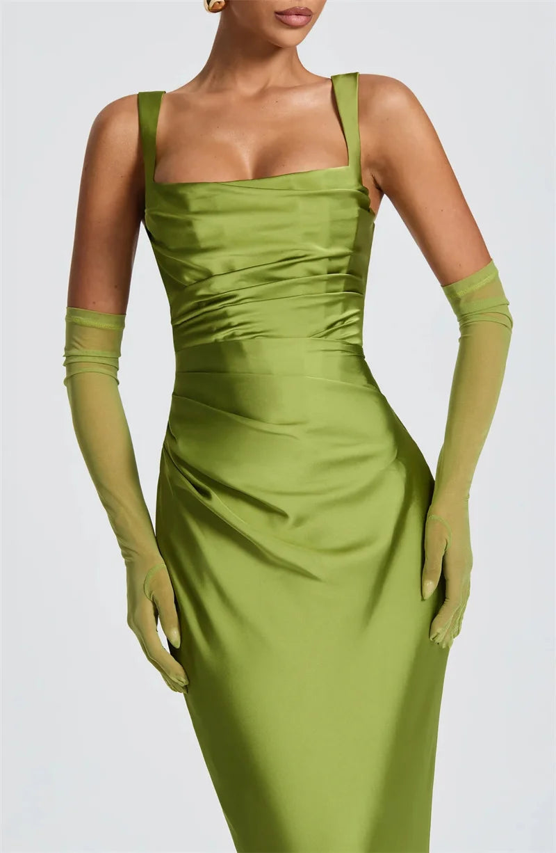 Women’s Square Neck Satin Maxi Dress with Gloves and Scarf