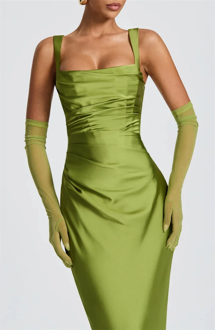 Women’s Square Neck Satin Maxi Dress with Gloves and Scarf