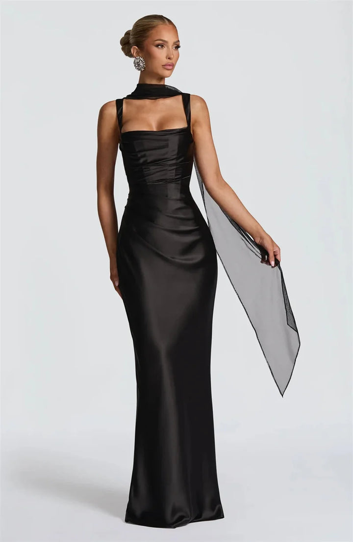 Women’s Square Neck Satin Maxi Dress with Gloves and Scarf
