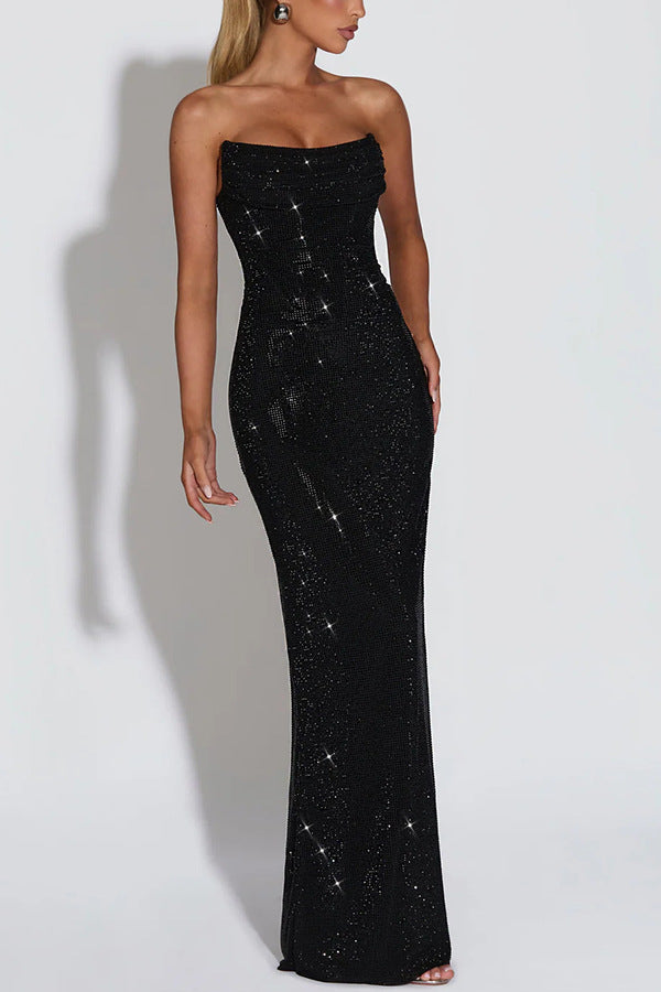 Women’s Strapless Maxi Dress with Cowl Neck and Sequin Surface