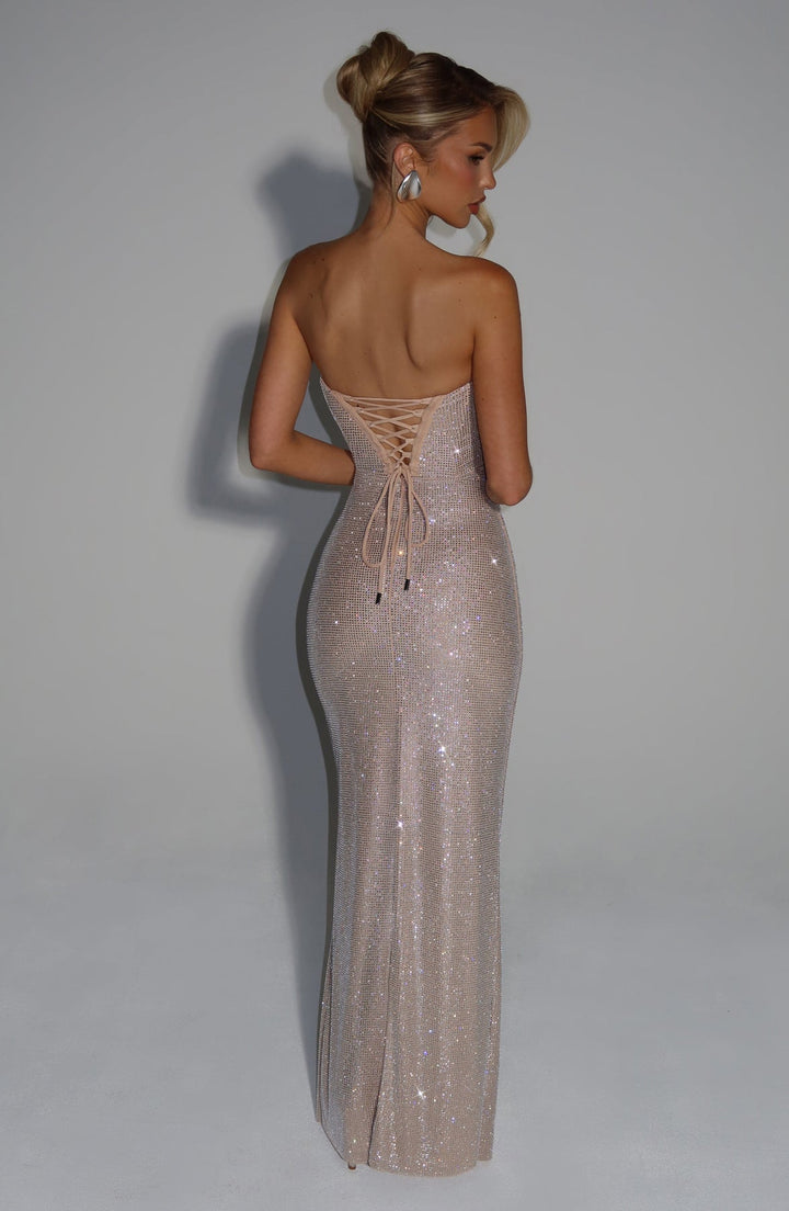 Women’s Strapless Maxi Dress with Cowl Neck and Sequin Surface