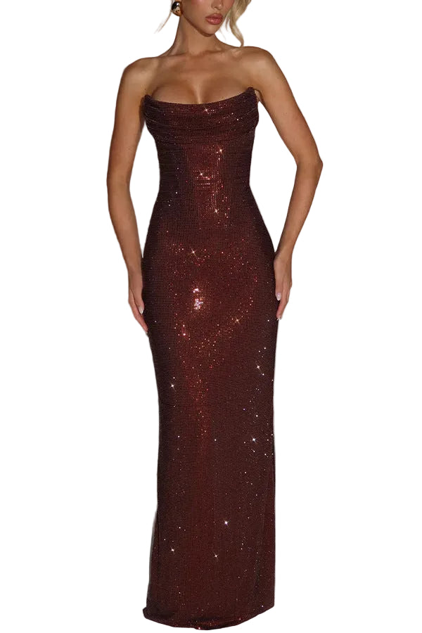 Women’s Strapless Maxi Dress with Cowl Neck and Sequin Surface