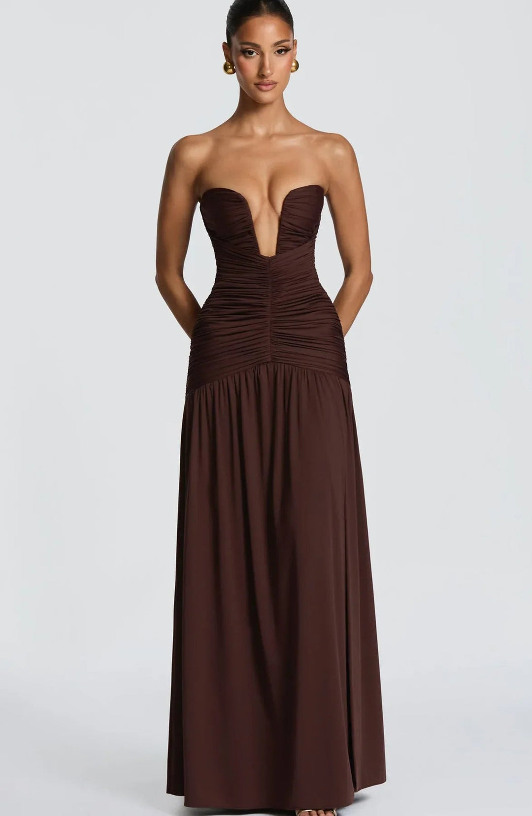 Women’s Strapless Maxi Dress with Deep V Neck and Side Slit