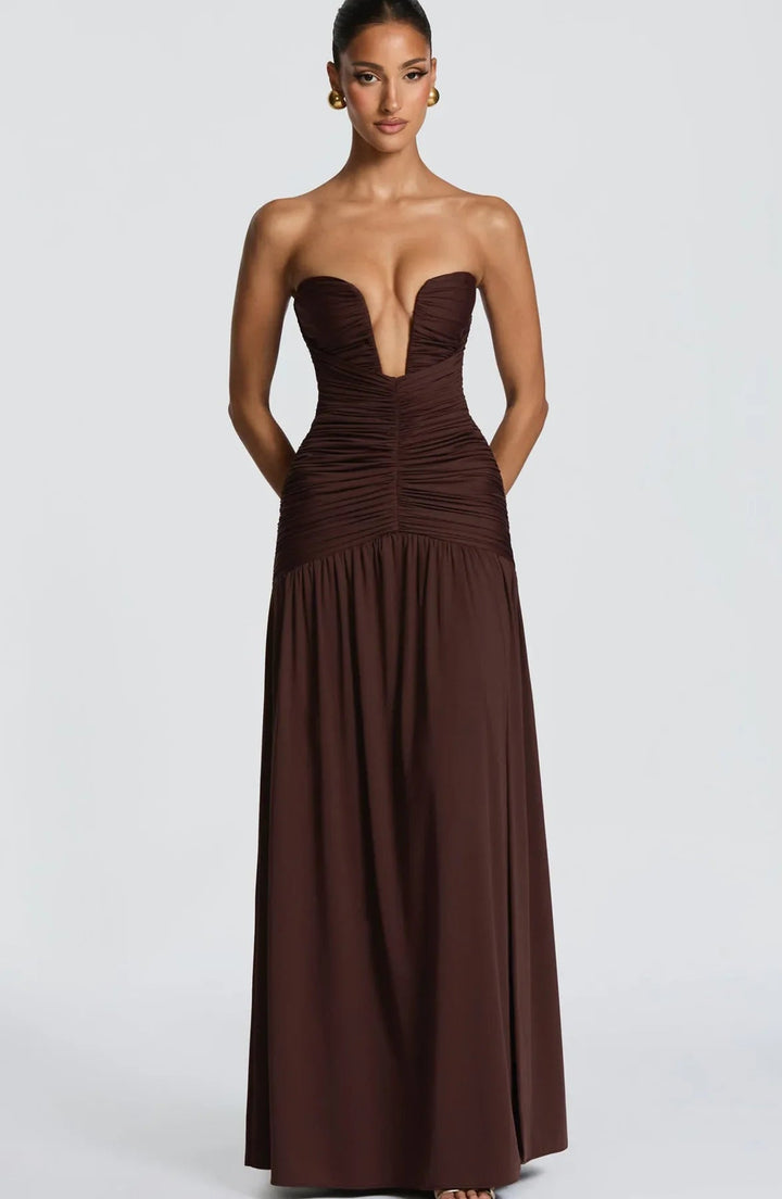 Women’s Strapless Maxi Dress with Deep V Neck and Side Slit