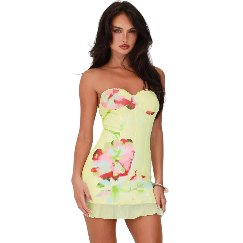 Women’s Strapless Mini Dress with Floral Print and Ruffle Hem